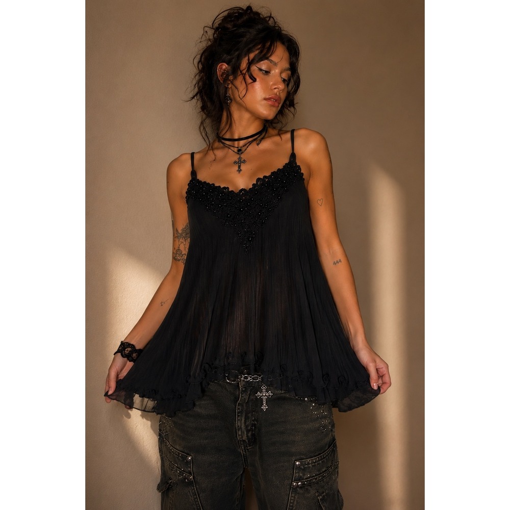 Linea Donatella Black Pleated Chiffon Cami Top Beaded Lace Whimsigoth Y2K Size M